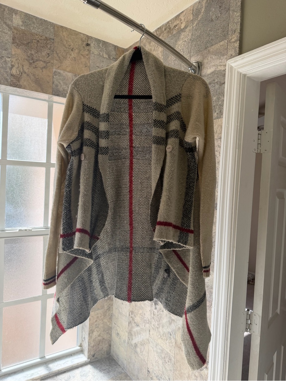Cream Open-Front Plaid Sweater with Gray & Red Stripes